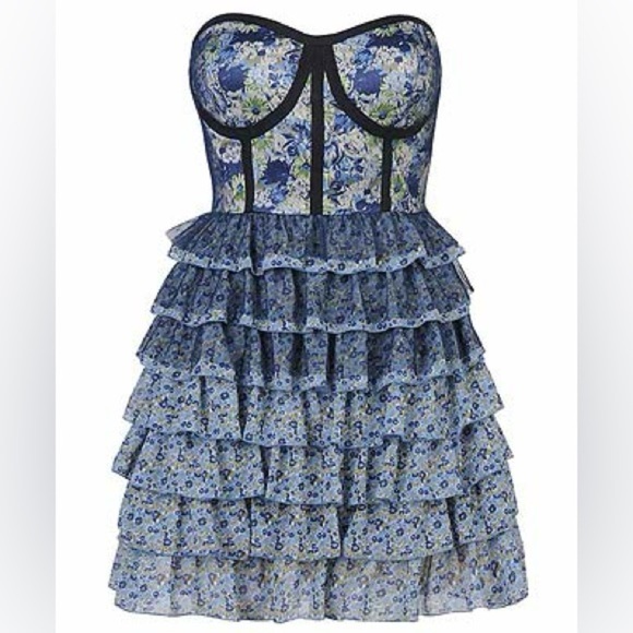 Forever 21 Twist Bustier Dress in Lace Floral Blue bubble dress size S - Picture 1 of 5